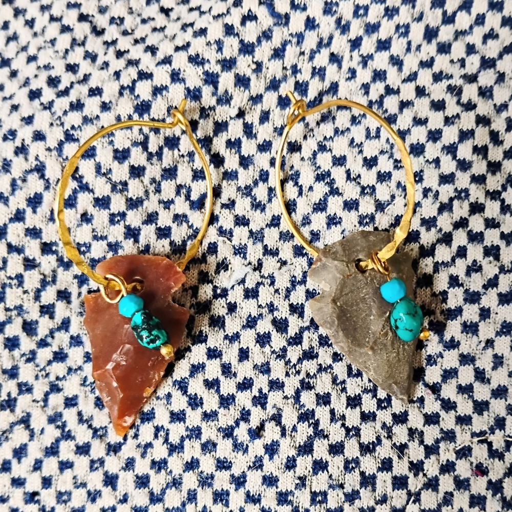 SOLD! Handmade Arrowhead And Turquoise Charm Hoops - Picture 5 of 5